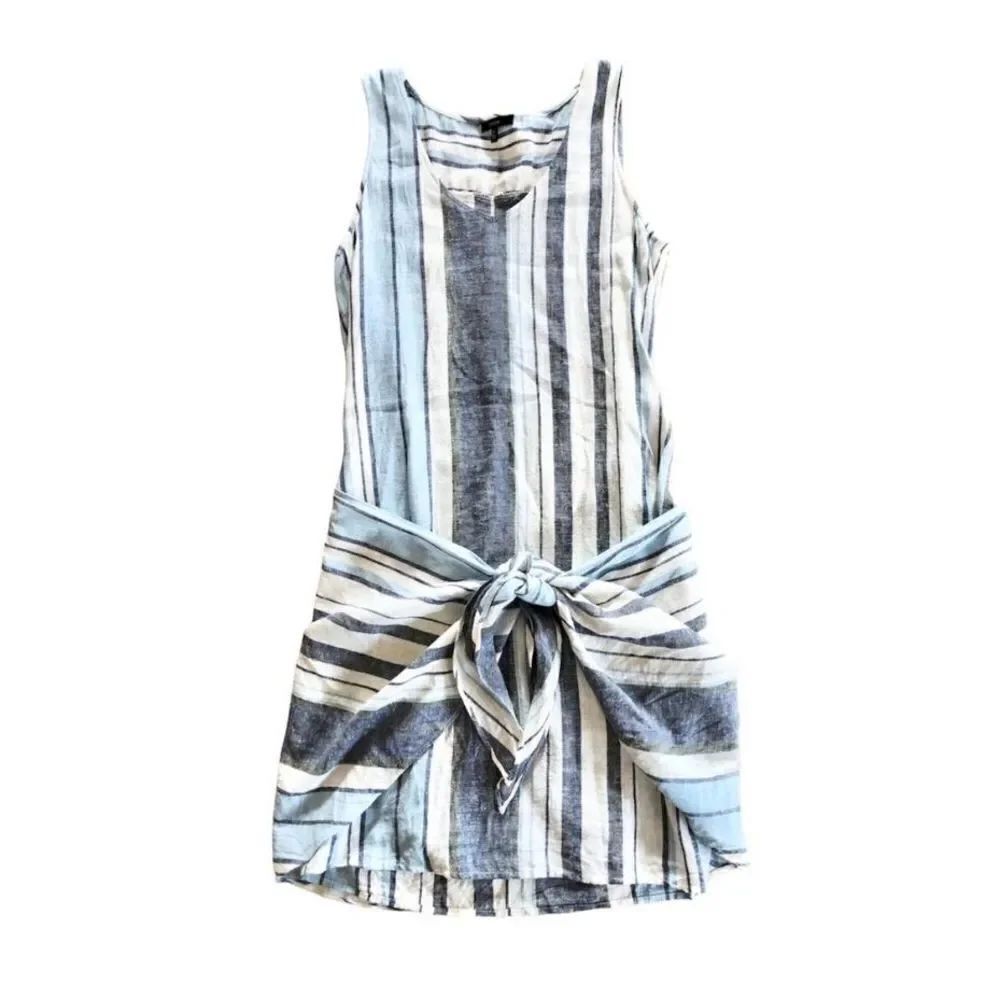 Drew linen blend blue & white striped tie waist S tank dress